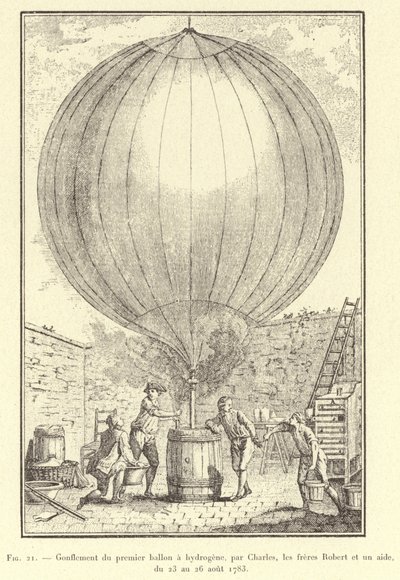 Aufblasen des ersten Wasserstoffballons durch Charles, die Brüder Robert und einen Helfer, vom 23. bis 26. August 1783 (Gravur) von French School