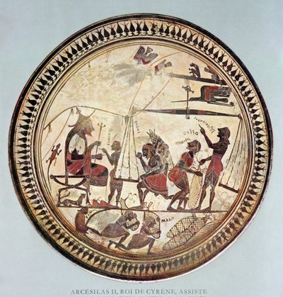 Griechischer Becher, der Arkesilaos II., König von Kyrene (ca. 560-550 v. Chr.) zeigt, der das Wiegen und Laden von Silphium beobachtet, Kopie eines Originals aus dem 6. Jahrhundert v. Chr. von French School