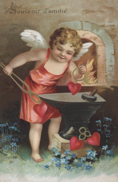 Grußkarte mit einem Cherub, der Freundschaftszeichen schmiedet von French School