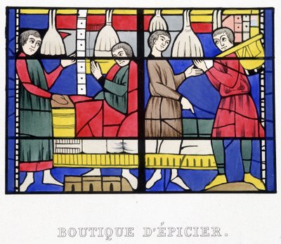 Lebensmittelladen. Facsimile eines Glasfensters aus dem Mittelalter in „Histoire de la peinture sur verre“ von Ferdinand de Lasteyrie von French School