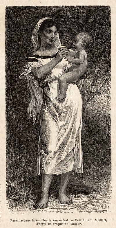 Guaranie-Frau raucht ihrem Kind die Zigarre, das auf ihrer Hüfte reitet, um seine Schreie zu beruhigen, Gravur nach der Zeichnung von D. Maillart, zur Illustration der Reise nach Paraguay 1872-1873, von L. Forgues, veröffentlicht in „Le tour du monde“ 1874 von French School