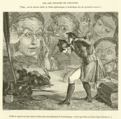 Gulliver auf einem Tisch zur Bewunderung der Einwohner von Brobdingnag ausgestellt von French School