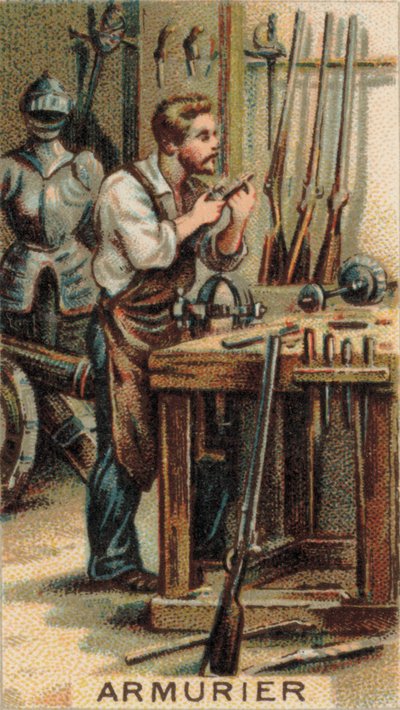 Büchsenmacher bei der Arbeit in seiner Werkstatt von French School