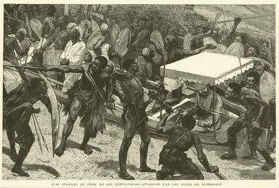 H-M Stanley und elf seiner Gefährten von den Schwarzen von Bumbireh angegriffen (Gravur) von French School