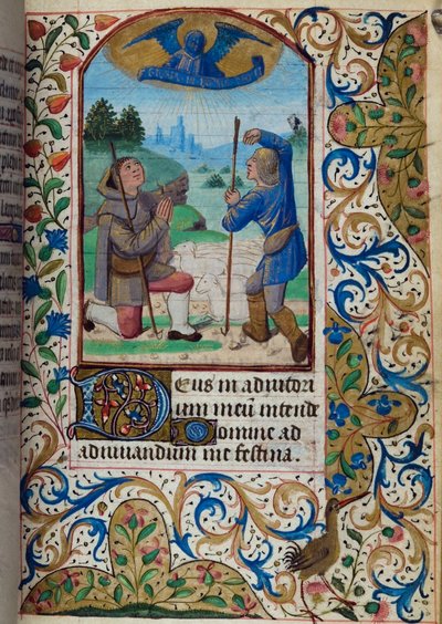 Verkündigung an die Hirten, aus dem Stundenbuch, Gebrauch von Paris, Mitte des 15. Jahrhunderts von French School