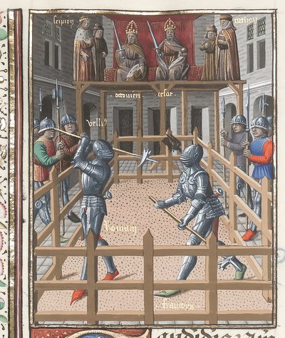 Harley 4375 f.171v, Zwei Ritter kämpfen mit Streitäxten, aus 