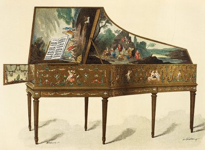 Cembalo mit Grotesken verziert, Illustration aus Wörterbuch der Möbel und Dekoration von Henry Havard, Band I von French School