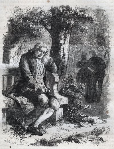 Er hörte das Flüstern eines Kusses. Der Schweizer Philosoph Jean Jacques (Jean-Jacques) Rousseau (1712-1778) überrascht seine Gefährtin Marie-Therese (Marie Therese) Le Vasseur (Levasseur) (1721-1801) beim Ehebruch. Gravur von 1871 in „Histoire Des Cocuses von French School