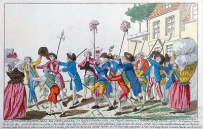 Köpfe von zwei der am 5. Oktober 1789 in Versailles von der Pariser Menge getöteten Königsgardisten werden triumphierend nach Paris getragen von French School
