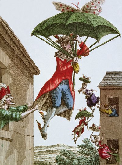 Von Regenschirmen und Schmetterlingen getragen, Männer und Frauen fliegen aus Fenstern von French School