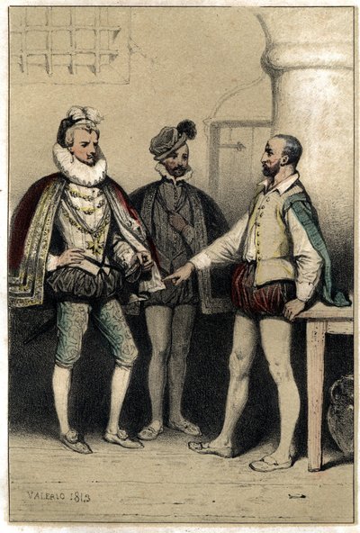 Heinrich III. (1551-1589), König von Frankreich, besucht Bernard Palissy, Keramiker, der in der Bastille eingesperrt ist. In „Scenes de la vie des hommes famous“ Gravur in zwei Farben von Valerio. 1843 von French School