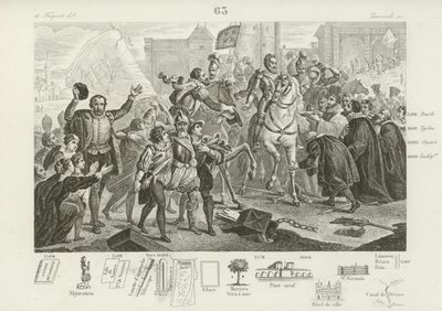 Heinrich IV. von Frankreich zieht in Paris ein, begleitet vom Grafen von Brissac, Gouverneur der Stadt, 22. März 1594 von French School