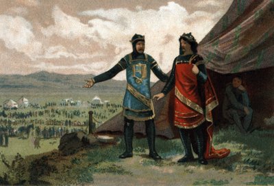 Heinrich I., König von Frankreich (1008-1060), empfing den Herzog der Normandie Robert den Teufel und stellte ihm eine Armee zur Verfügung, um sein Königreich zurückzuerobern. Chromolithographie um 1890. von French School