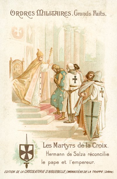 Hermann von Salza, Hochmeister des Deutschen Ordens, vermittelt eine Versöhnung zwischen Papst Gregor IX. und Kaiser Friedrich II. von French School