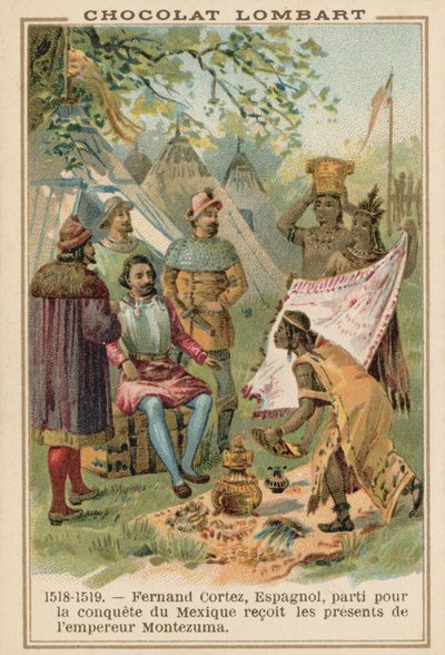 Hernan Cortes, Spanischer Konquistador, erhält Geschenke vom Aztekenkaiser Montezuma, Mexiko, 1518-1519 von French School