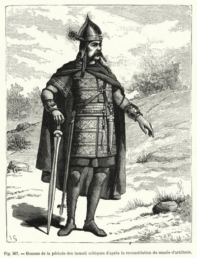 Mann aus der Zeit der keltischen Hügelgräber nach der Rekonstruktion des Artilleriemuseums (Gravur) von French School