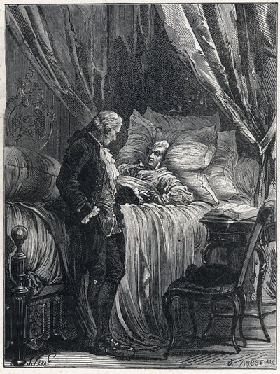 Honoré Gabriel Riqueti, Graf von Mirabeau (1749-1791) auf seinem Sterbebett mit seinem Arzt Georges Cabanis (1757-1808) im Jahr 1791 von French School