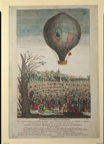 Heißluftballon-Experiment der Gebrüder Montgolfier und François Pilâtre de Rozier (1754-85) in Lyon, 19. Januar 1784 von French School