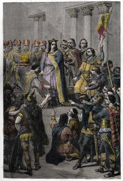 Hugh Capet zum König gewählt - Krönung von Hugues Capet (ca. 941-996), König von Frankreich, am 3. Juli 987 in Noyon, durch Adalberon (ca. 925-990), Erzbischof von Reims. von French School