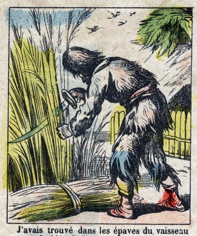 Illustration für das Buch von Daniel Defoe „Robinson Crusoe“. Epinal-Bild aus dem späten 19. Jahrhundert von French School