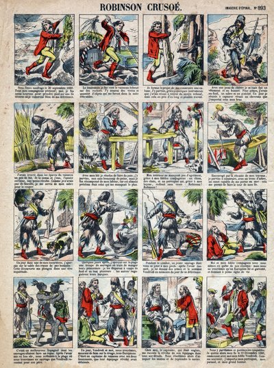 Illustration für das Buch von Daniel Defoe „Robinson Crusoe“. Epinal-Bild aus dem späten 19. Jahrhundert von French School