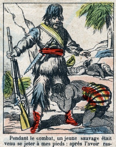 Illustration für das Buch von Daniel Defoe „Robinson Crusoe“. Epinal Imaging aus dem späten 19. Jahrhundert. von French School
