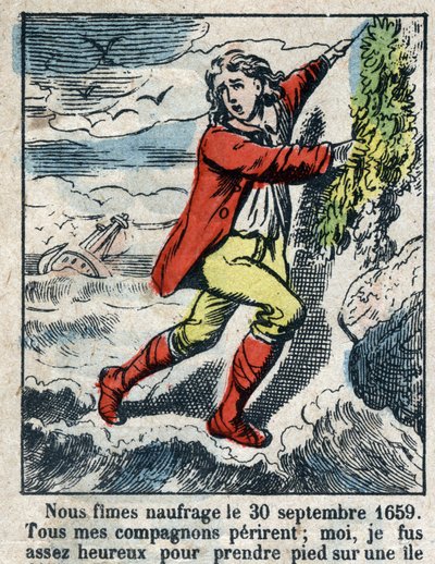 Illustration für das Buch von Daniel Defoe "Robinson Crusoe". Epinal-Bildgebung Ende des 19. Jahrhunderts. von French School