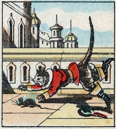 Illustration des Märchens „Der gestiefelte Kater“ von Charles Perrault. Holzstich aus Imaging Pellerin - Epinal, sp. 19. Jahrhundert. von French School