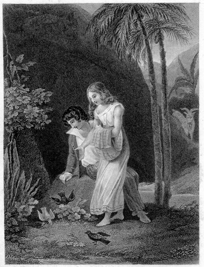 Illustration von „Paul und Virginia“. Roman von Henri Bernardin de Saint Pierre (Saint-Pierre oder St-Pierre), französischer Schriftsteller (1737-1814). von French School