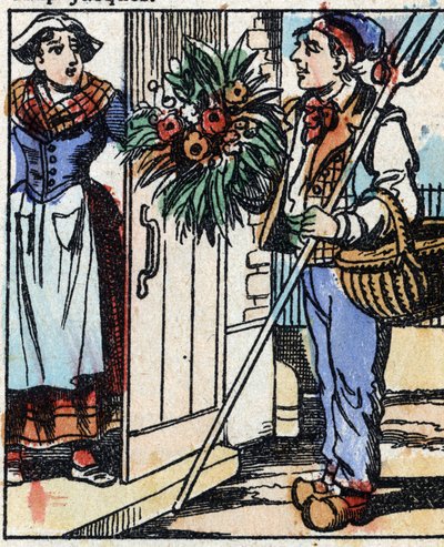 Illustration der Geschichte „Die Gabel des Teufels“. Holzstich aus Imaging Pellerin - Epinal, sp. 19. Jahrhundert. von French School