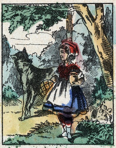 Illustration des Märchens „Rotkäppchen“ von Charles Perrault. Holzschnitt von Imaging Pellerin - Epinal, sp. Ende des 19. Jahrhunderts. von French School