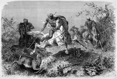 Illustration veröffentlicht in der Ausgabe von „Le Tour du monde“ von 1870 - 1871, die einen Dyak bei der Jagd auf der Insel Borneo zeigt. Gravur von French School