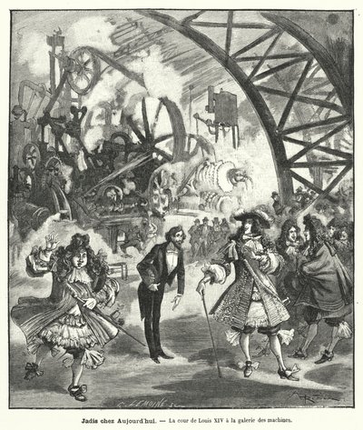 Imaginierter Besuch von König Ludwig XIV. und seinem Hof im Maschinenpavillon auf der Weltausstellung in Paris 1889 von French School