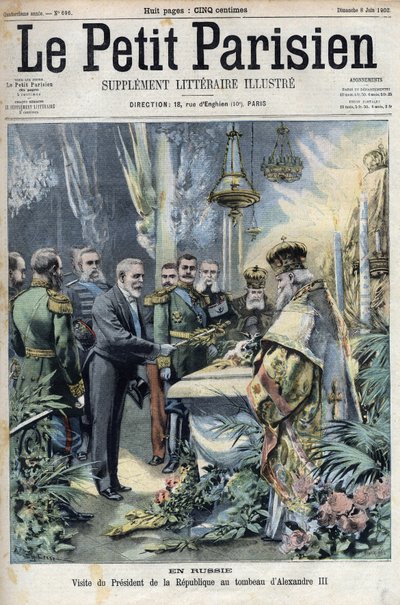 In Russland: Besuch von Präsident Emile Loubet (1838-1929) am Grab von Alexander III. (1845-1894), Kaiser von Russland, in „Le Petit Parisien“. von French School