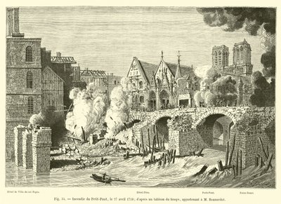 Brand der Petit-Pont, am 27. April 1718, nach einem zeitgenössischen Gemälde im Besitz von M. Bonnardot von French School