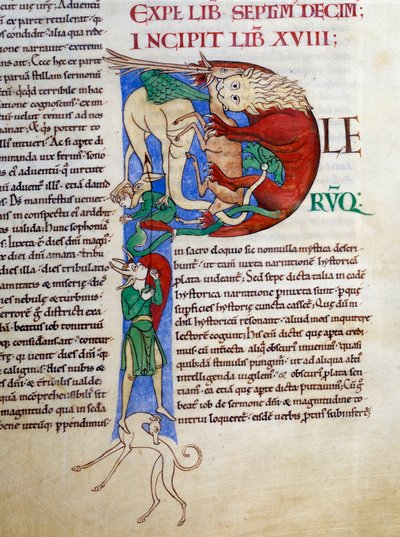 Initiale P (Lettrine): Hefe Teufelsmund der Hölle. Miniatur aus dem Manuskript „Moralia in Job“, Morales sur Job von Saint Gregoire, aus der Abtei Citeaux von French School