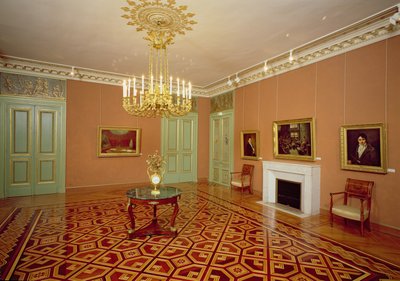Innenansicht eines Salons mit Intarsienboden, 18.-19. Jahrhundert von French School