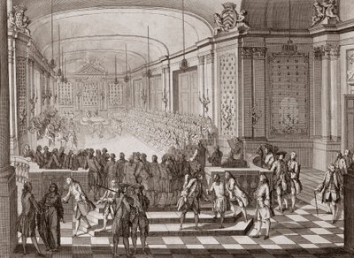 Innenansicht der Jakobinerhalle in Nantes während der Versammlung der Vereinigten Staaten von Bretagne im Jahr 1764. von French School