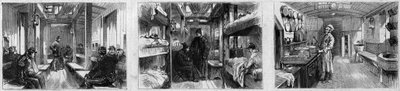 Innenansicht des Krankenwagenwagens und Küchenwagens eines medizinischen Zuges der französischen Hilfsgesellschaft für verwundete Soldaten. Gravur in „Le Monde Illustré“ Nr. 846 vom 28. Juni 1873. von French School