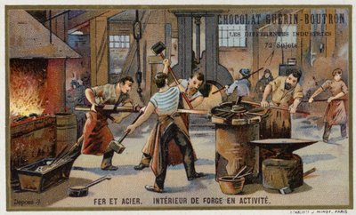 Eisen und Stahl. Inneres einer geschäftigen Schmiede von French School