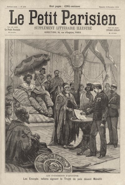 Italienische Gesandte unterzeichnen den Friedensvertrag zur Beendigung des Ersten Italienisch-Äthiopischen Krieges vor Kaiser Menelik II. von Äthiopien von French School