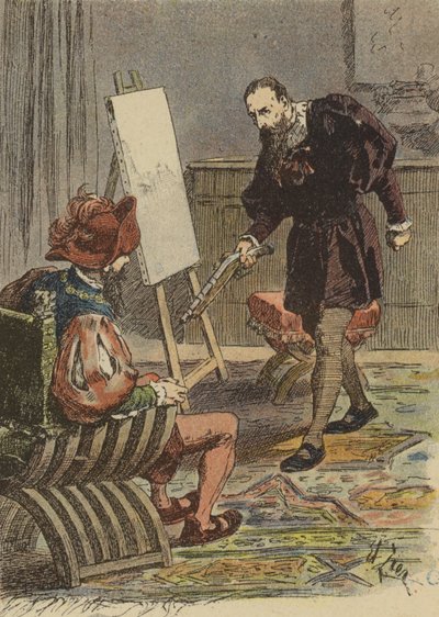 Der italienische Maler Tintoretto nähert sich Pietro Aretino, bewaffnet mit einer Pistole, um seine Maße für sein Porträt zu nehmen von French School