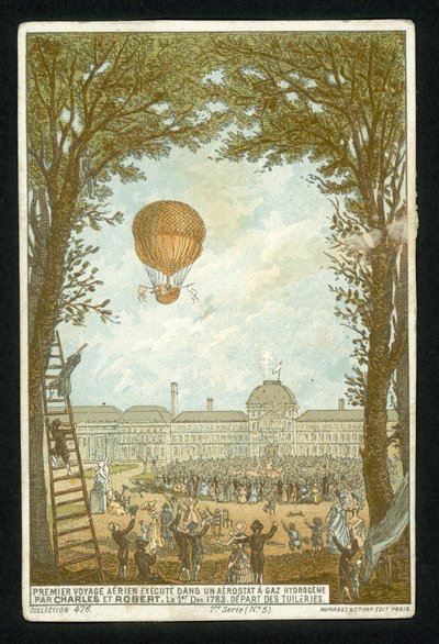 Jacques Charles und Marie-Noel Robert bei der ersten Fahrt in einem Wasserstoffballon, Paris, 1. Dezember 1783 von French School