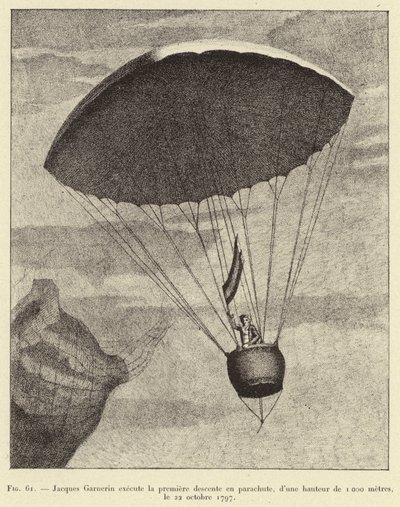 Jacques Garnerin führt den ersten Fallschirmsprung aus, aus einer Höhe von 1000 Metern, am 22. Oktober 1797 von French School