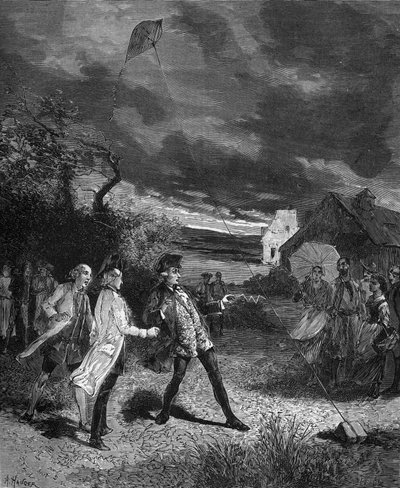 Jacques de Romas (1713-1776), französischer Physiker, experimentiert mit einem Drachen, um atmosphärische Elektrizität zu erfassen, 1752 von French School