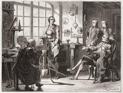 James Watt (Erfinder der Dampfmaschine im Jahr 1769) in seiner Werkstatt in Glasgow - im „Album der Wissenschaft; berühmte Wissenschaftler; Große Entdeckungen“ 1896 von French School