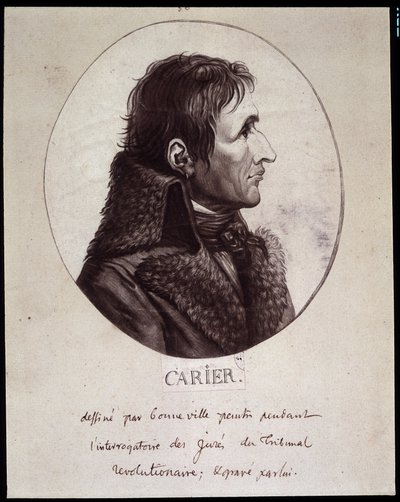 Jean Baptiste Carrier (1756-1794), gezeichnet von Gouneville während des Verhörs der Projures des Revolutionstribunals von French School