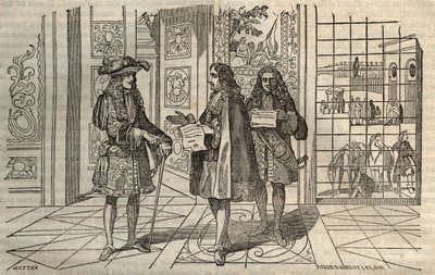 Jean-Baptiste Colbert (1619-1683) in einer Besprechung mit König Ludwig XIV. und François Louvois (1641-1691) in Versailles - Gravur nach Leclerc von French School