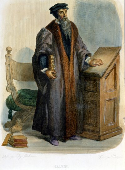 Jean Calvin (Jean Cauvin, französischer Reformator und Schriftsteller (1509-1564) - in "Le Plutarque français", Ed. Mennechet von French School