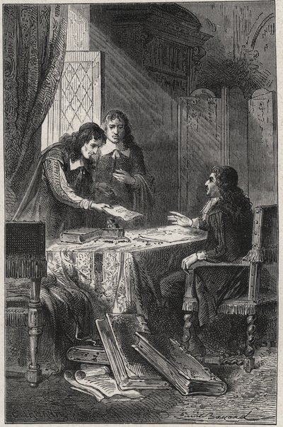 Jean Chapelain (1595-1674) französischer Dichter und Literaturkritiker und Pierre Costar (1603-1660) übergaben Jean Baptiste Colbert (1619-1683) eine Liste von Schriftstellern, die vom König Pensionen erhalten sollten - Gravur in „Les Hommes Celebres de la von French School